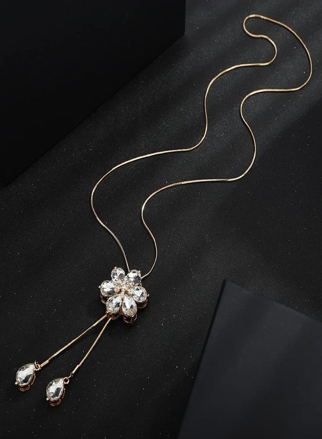 Chargances Gold Crystal Flower Pendant Necklace Long Sweater Necklace Rhinestone Pendant Y Choker Necklaces Fashion Jewelry for Women (Gold) - Image 3