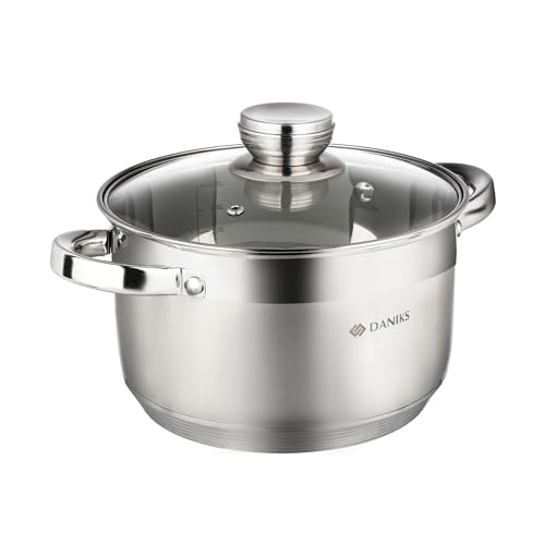 Daniks Standard 4 Quart Stainless Steel Stock Pot with Glass Lid, Tri-Ply Bottom for Even Heating, Induction Compatible, Dishwasher Safe, Built-In Measuring Scale, Silver - Image 1