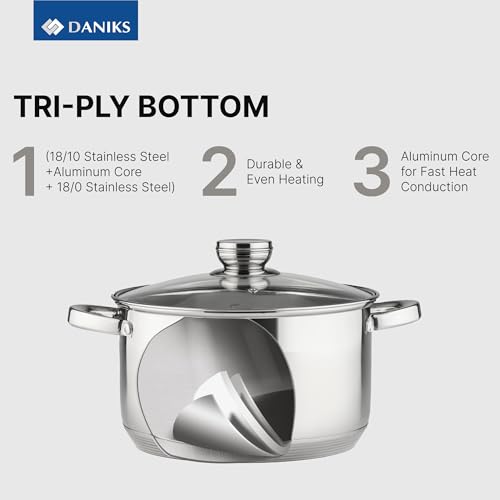 Daniks Standard 4 Quart Stainless Steel Stock Pot with Glass Lid, Tri-Ply Bottom for Even Heating, Induction Compatible, Dishwasher Safe, Built-In Measuring Scale, Silver - Image 3