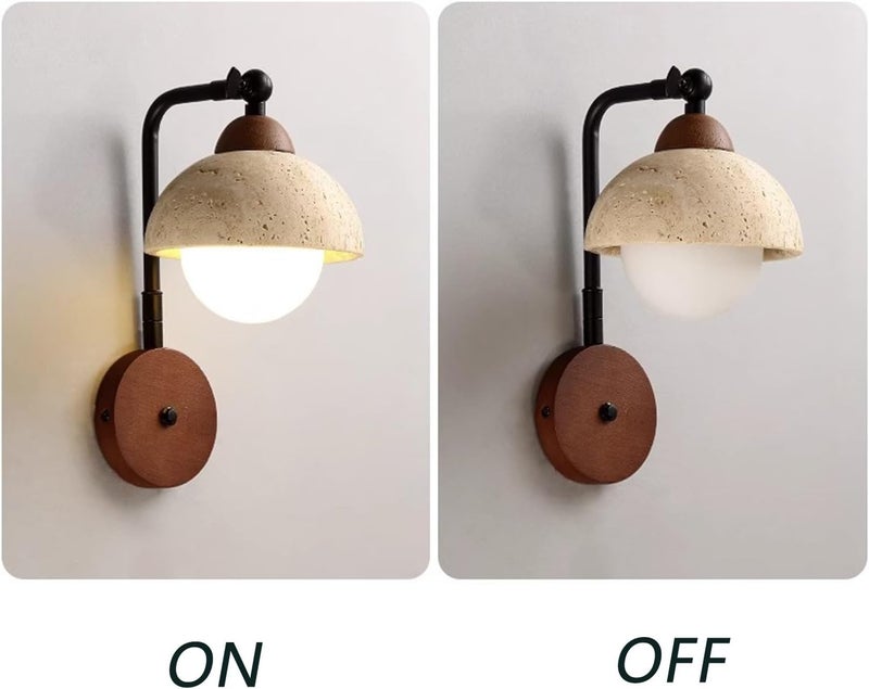Modern Nordic Adjustable Wall Sconce Lighting, Natural Travertine Half-Dome Shade Wood Base, Hardwired Indoor Globe Bedside Reading Lamp for Bedroom, Living Room, Study, Hallway Decor. - Image 5