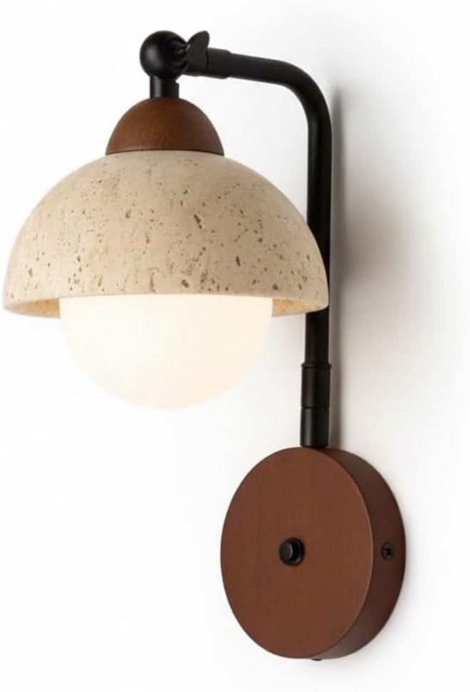 Modern Nordic Adjustable Wall Sconce Lighting, Natural Travertine Half-Dome Shade Wood Base, Hardwired Indoor Globe Bedside Reading Lamp for Bedroom, Living Room, Study, Hallway Decor. - Image 1
