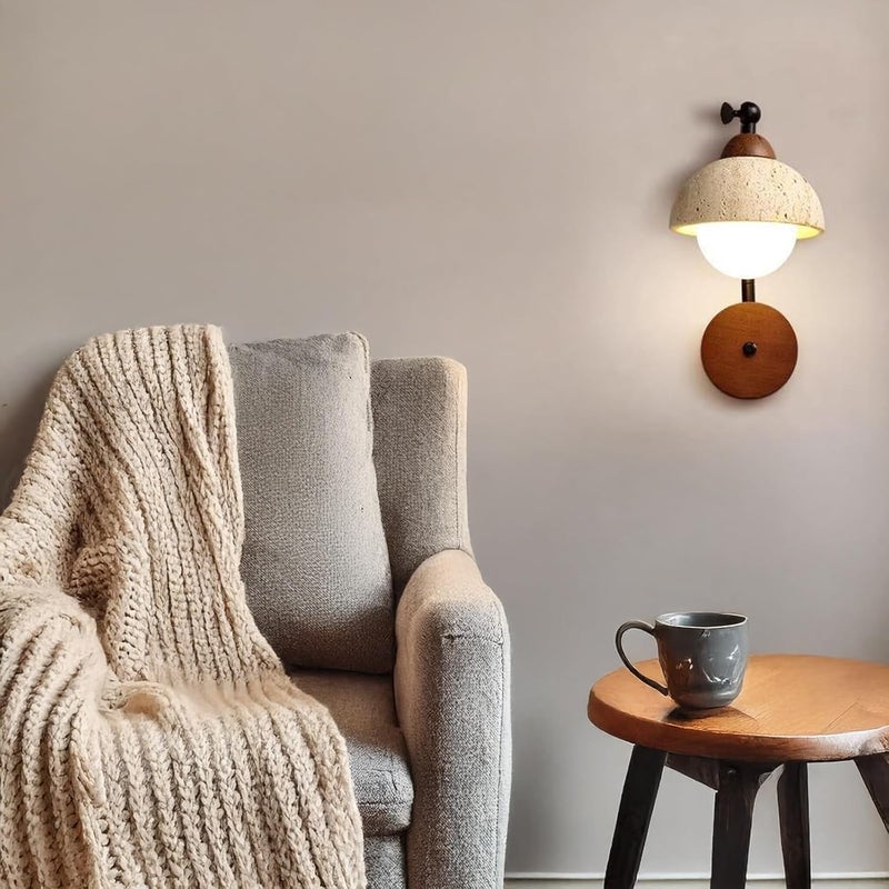 Modern Nordic Adjustable Wall Sconce Lighting, Natural Travertine Half-Dome Shade Wood Base, Hardwired Indoor Globe Bedside Reading Lamp for Bedroom, Living Room, Study, Hallway Decor. - Image 3