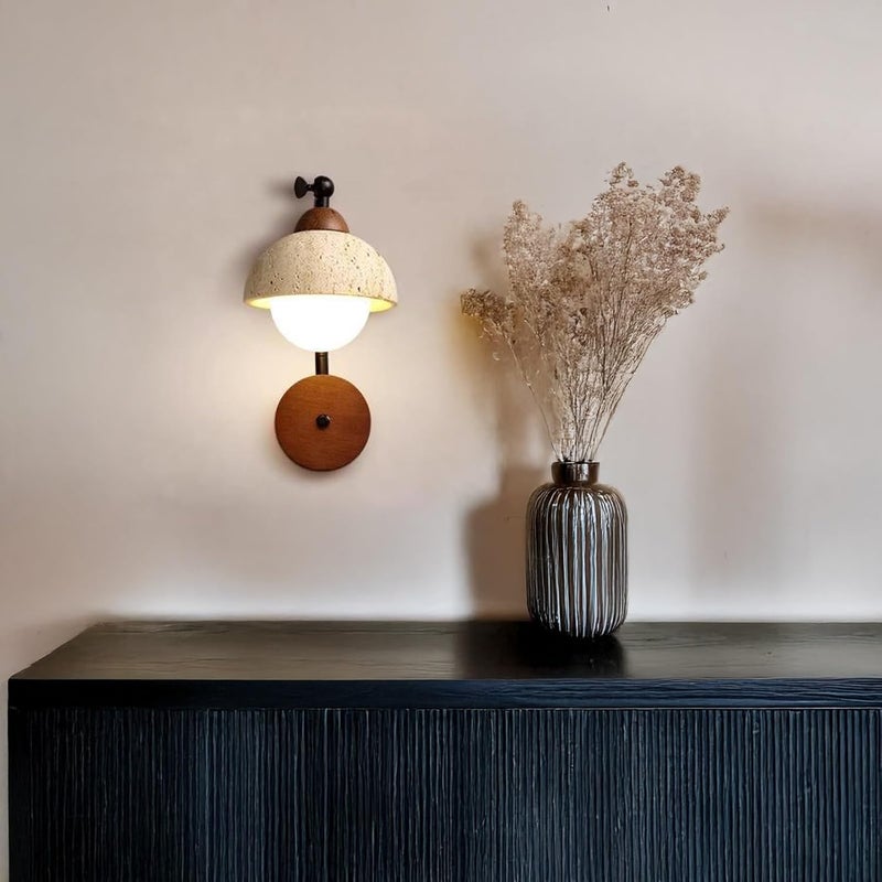 Modern Nordic Adjustable Wall Sconce Lighting, Natural Travertine Half-Dome Shade Wood Base, Hardwired Indoor Globe Bedside Reading Lamp for Bedroom, Living Room, Study, Hallway Decor. - Image 2
