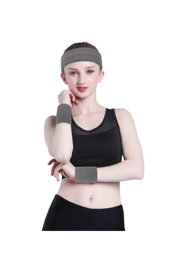 OnUpgo - Grey Sweatband Set Sports Headband Wrist Striped Sweatbands Terry Cloth Wristband Athletic Exercise Basketball Wrist Sweatband And Headbands Moisture Wicking Sweat Absorbing Head Band - Image 1