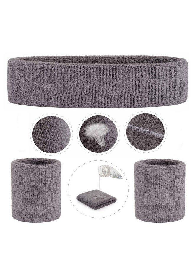 OnUpgo - Grey Sweatband Set Sports Headband Wrist Striped Sweatbands Terry Cloth Wristband Athletic Exercise Basketball Wrist Sweatband And Headbands Moisture Wicking Sweat Absorbing Head Band - Image 1