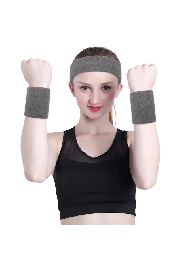 OnUpgo - Grey Sweatband Set Sports Headband Wrist Striped Sweatbands Terry Cloth Wristband Athletic Exercise Basketball Wrist Sweatband And Headbands Moisture Wicking Sweat Absorbing Head Band - Image 1