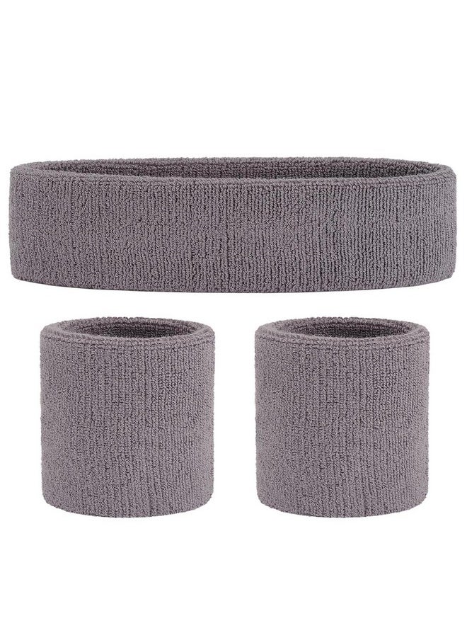 OnUpgo - Grey Sweatband Set Sports Headband Wrist Striped Sweatbands Terry Cloth Wristband Athletic Exercise Basketball Wrist Sweatband And Headbands Moisture Wicking Sweat Absorbing Head Band - Image 1