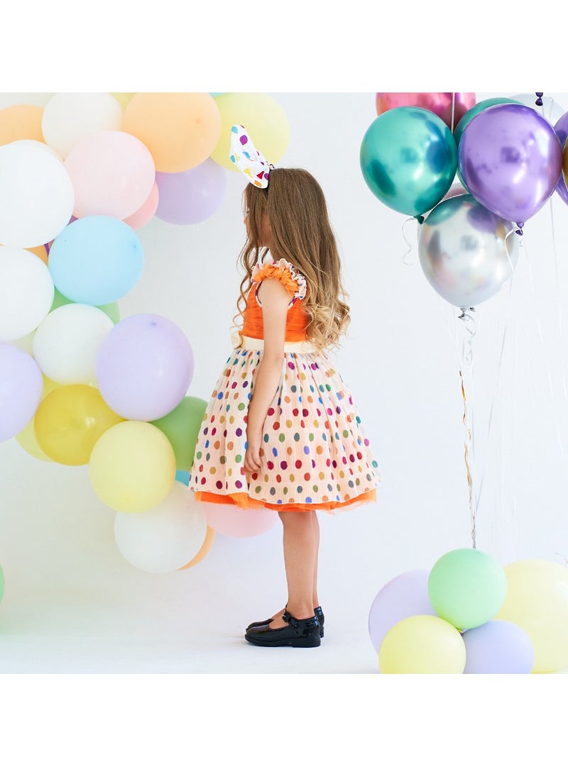 2-3Y Baby Girl Toddler Girl Princess Dress, Orange Ruffle Strap Top with Bow Waist, Colorful Polka Dot Layered Tulle Skirt, Suitable for Height 100cm, Perfect for Birthday, Party, Holiday, Photograp  - Image 5