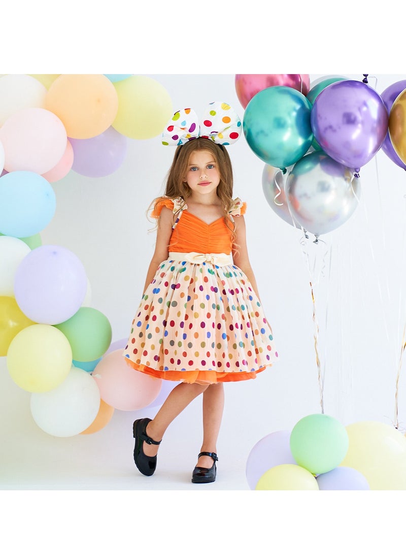 2-3Y Baby Girl Toddler Girl Princess Dress, Orange Ruffle Strap Top with Bow Waist, Colorful Polka Dot Layered Tulle Skirt, Suitable for Height 100cm, Perfect for Birthday, Party, Holiday, Photograp  - Image 4