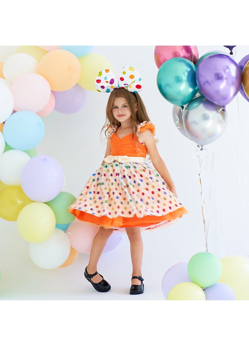 2-3Y Baby Girl Toddler Girl Princess Dress, Orange Ruffle Strap Top with Bow Waist, Colorful Polka Dot Layered Tulle Skirt, Suitable for Height 100cm, Perfect for Birthday, Party, Holiday, Photograp  - Image 3