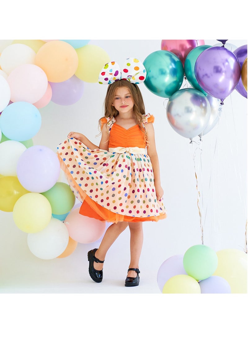 2-3Y Baby Girl Toddler Girl Princess Dress, Orange Ruffle Strap Top with Bow Waist, Colorful Polka Dot Layered Tulle Skirt, Suitable for Height 100cm, Perfect for Birthday, Party, Holiday, Photograp  - Image 1