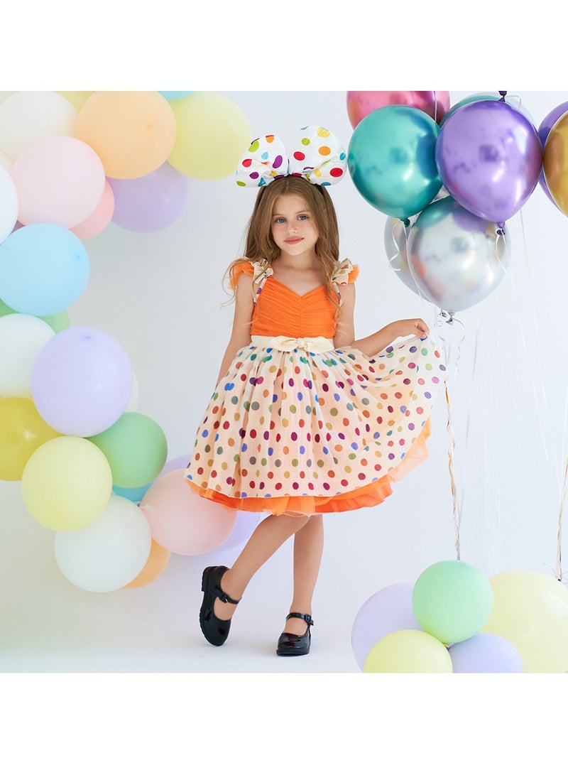 2-3Y Baby Girl Toddler Girl Princess Dress, Orange Ruffle Strap Top with Bow Waist, Colorful Polka Dot Layered Tulle Skirt, Suitable for Height 100cm, Perfect for Birthday, Party, Holiday, Photograp  - Image 2