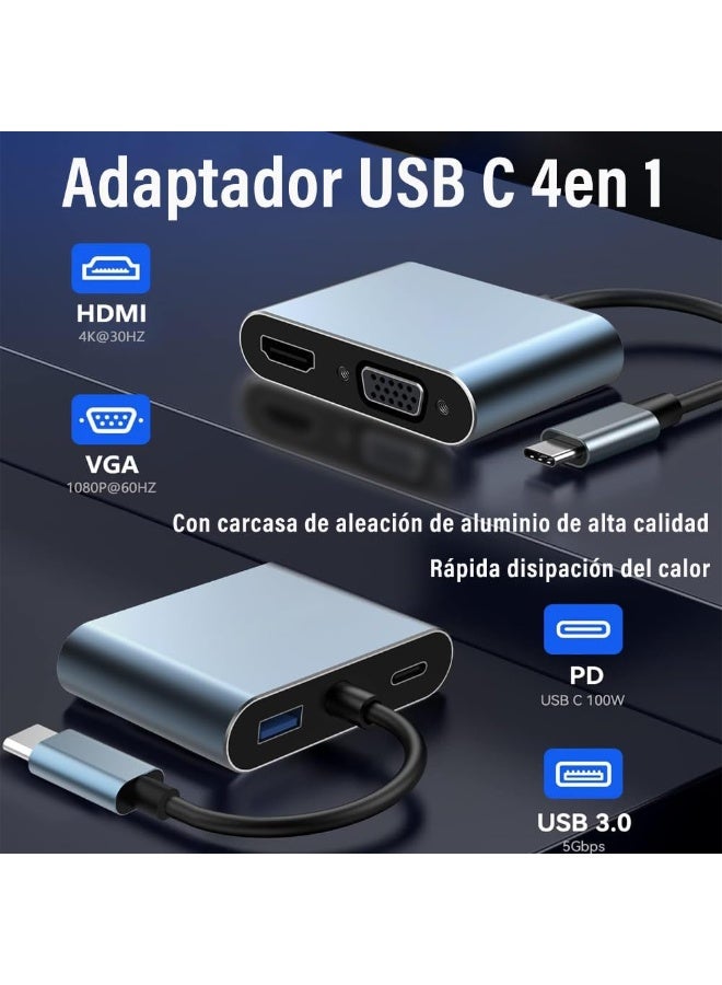 USB-C to HDMI Adapter, 4-in-1 USB-C Hub for MacBook Air with 4K HDMI, 1080P VGA, USB 3.0 port, and 100W PD charging, compatible with MacBook Pro/Air/iPad, Dell XPS, and more Type-C devices - Image 3