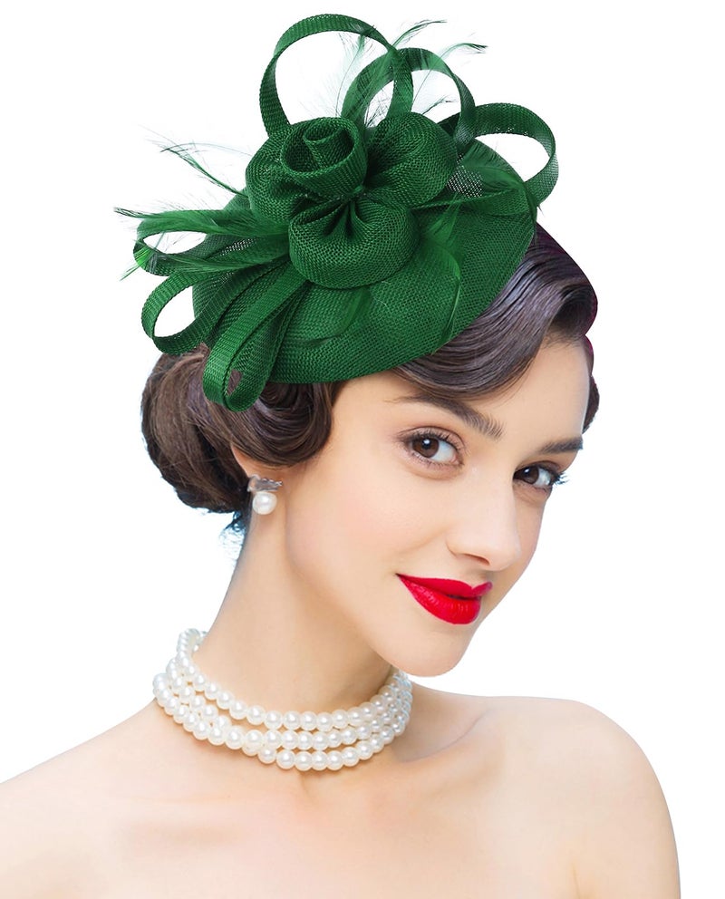 ZX Z&X Wedding Fascinator Church Derby Hat Sinamay Pillbox Hats for Women Tea Party Cocktail with Headband Hair Clip Green - Image 1