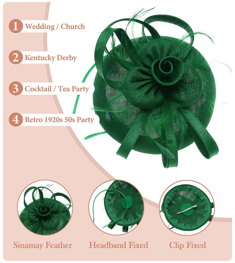 ZX Z&X Wedding Fascinator Church Derby Hat Sinamay Pillbox Hats for Women Tea Party Cocktail with Headband Hair Clip Green - Image 3