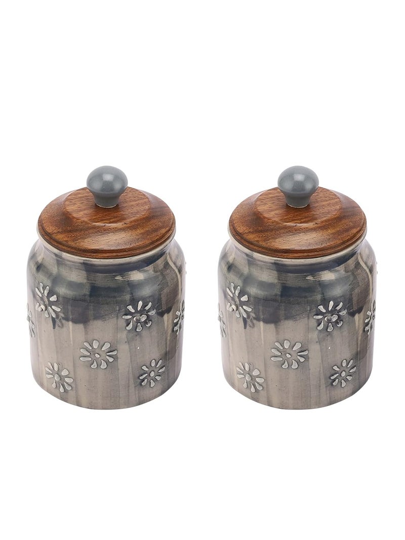 miah decor Miah Dcor Ceramic Food Storage Jar Grey Canister Wooden Lid with Airtight Silicone Seal Perfect for Tea Coffee Spices or SnacksSet of 2 - Image 3
