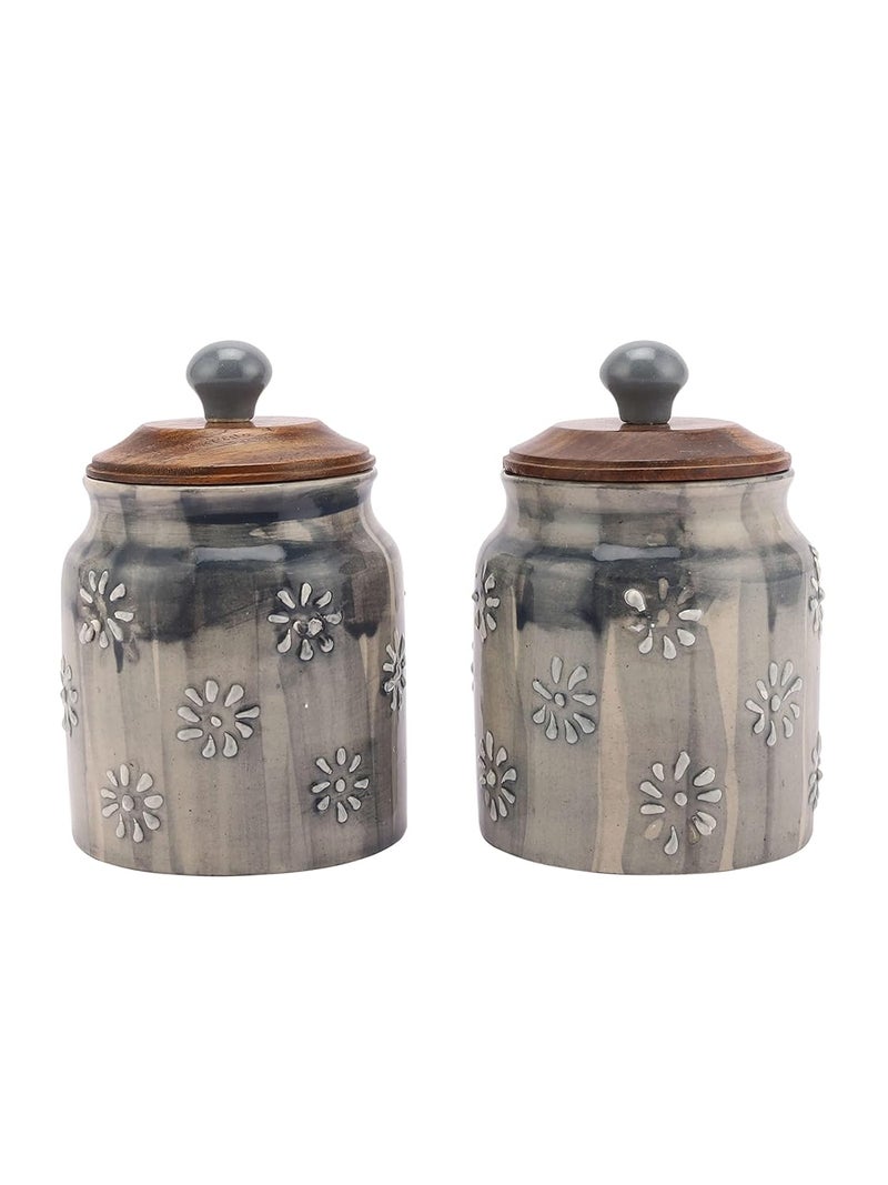 miah decor Miah Dcor Ceramic Food Storage Jar Grey Canister Wooden Lid with Airtight Silicone Seal Perfect for Tea Coffee Spices or SnacksSet of 2 - Image 1