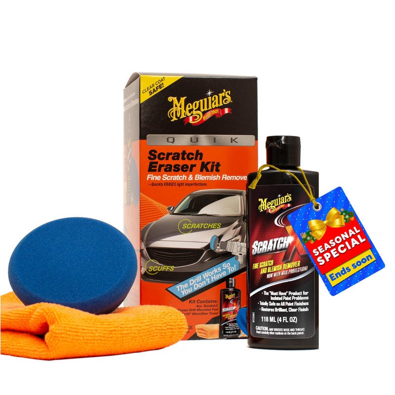 Meguiar's Meguiarâ€™s Quik Scratch Eraser Kit, Car Scratch Remover for Fixing Surface Blemishes, Includes ScratchX, Drill-Mounted Pad, and Microfiber Towel, Great Car Gifts for Men and Women - Image 1