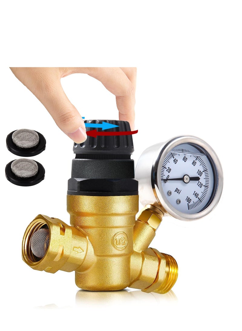 Excefore Adjustable Handle RV Water Pressure Regulator, Upgraded Brass Lead-Free RV Water Pressure Regulator, with Gauge and 2 Inlet Screened Filters, Fit for RV Camper Travel Trailer - Image 1