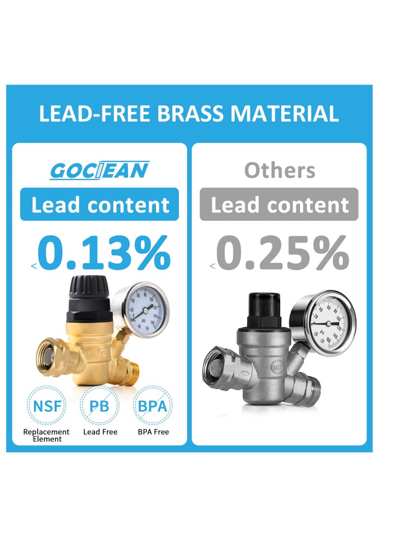 Excefore Adjustable Handle RV Water Pressure Regulator, Upgraded Brass Lead-Free RV Water Pressure Regulator, with Gauge and 2 Inlet Screened Filters, Fit for RV Camper Travel Trailer - Image 3