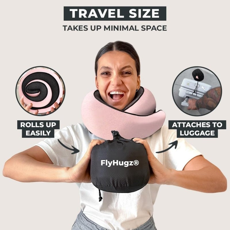 FlyHugzÂ® Neck Travel Pillow | Memory Foam Neck Pillow for Comfort on Airplane | Compact and Ergonomic Design for Travel, Car Rides, and Home Use | Ideal for Adults and Kids (Pink) - Image 4