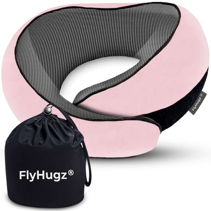 FlyHugzÂ® Neck Travel Pillow | Memory Foam Neck Pillow for Comfort on Airplane | Compact and Ergonomic Design for Travel, Car Rides, and Home Use | Ideal for Adults and Kids (Pink) - Image 1