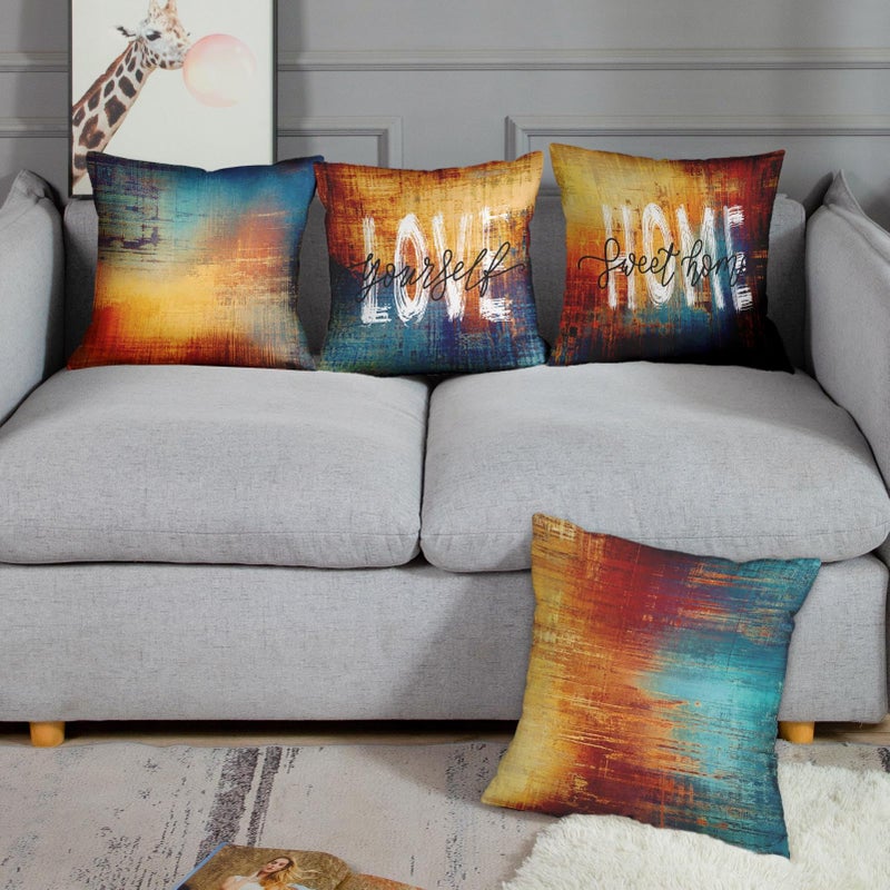 Emvency Set of 4 Blue and Orange Throw Pillow Covers Vintage Abstract Messy Rust Home Sweet Home Love Yourself Painting Decorative Pillow Cases Decor Standard Square 18x18 Inches Pillowcases - Image 3