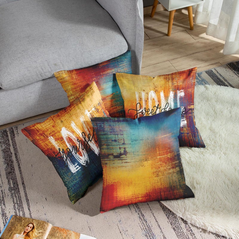 Emvency Set of 4 Blue and Orange Throw Pillow Covers Vintage Abstract Messy Rust Home Sweet Home Love Yourself Painting Decorative Pillow Cases Decor Standard Square 18x18 Inches Pillowcases - Image 4