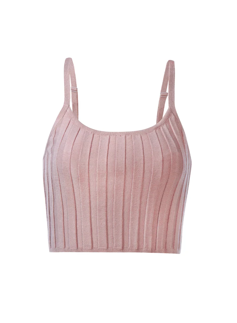 London Rag Rib Knit Spaghetti Crop Top in Mocha