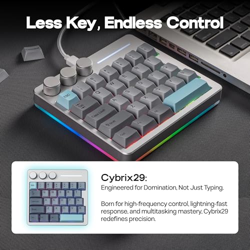 KiiBoom Cybrix 29 Rapid Fast Wired Gaming Keyboard, 8Khz Polling, Aluminum & Acrylic One Handed Keyboard, 3 Programmable Knobs, Magnetic Switch, Adjustable Actuation, RGB Backlits, FR4 Plate (Silver) - Image 3