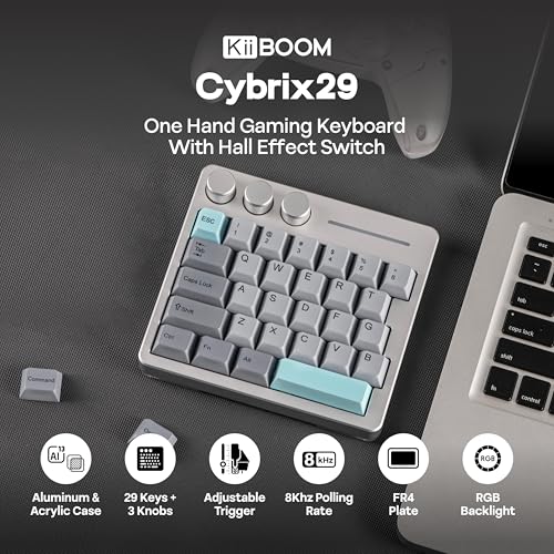 KiiBoom Cybrix 29 Rapid Fast Wired Gaming Keyboard, 8Khz Polling, Aluminum & Acrylic One Handed Keyboard, 3 Programmable Knobs, Magnetic Switch, Adjustable Actuation, RGB Backlits, FR4 Plate (Silver) - Image 2