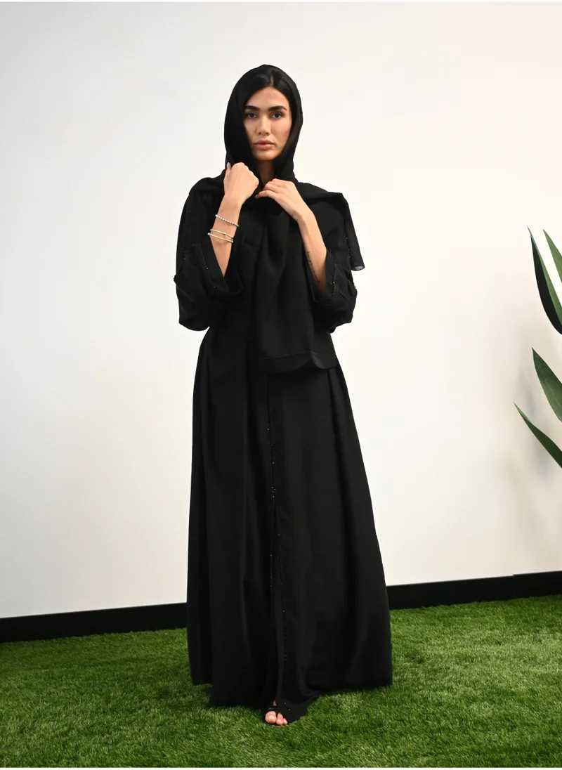 JAMEELA Black Crepe Open & Close Abaya 3 pieces Set