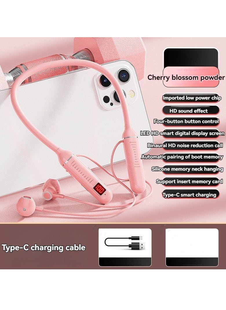 Generic New neck-mounted wireless Bluetooth headset with digital display and ultra-long standby in-ear wireless sports headset (Cherry blossom powder)  - Image 1