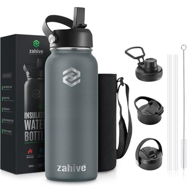 Zahive 1L Insulated Stainless Steel Water Bottle with 3 Lids & Bag - Leak-Proof Flask for Hot & Cold Drinks