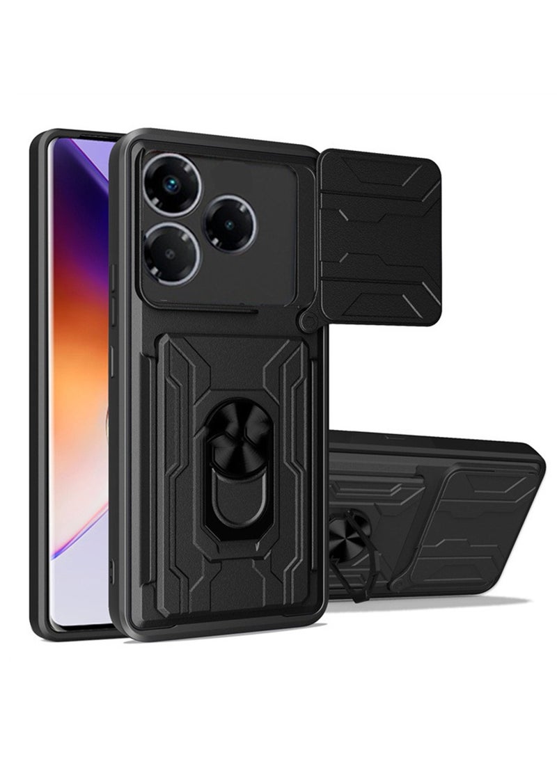 for realme Note 60 4G Case, Card Holder & Slide Camera Lens Cover, Magnetic Ring Holder Kickstand Protective Phone Case for realme Note 60 4G, Black - Image 1