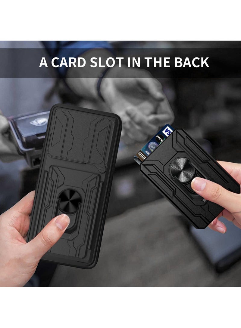 for realme Note 60 4G Case, Card Holder & Slide Camera Lens Cover, Magnetic Ring Holder Kickstand Protective Phone Case for realme Note 60 4G, Black - Image 3