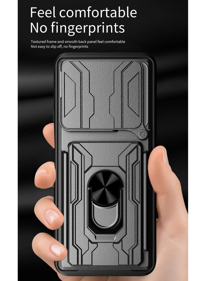 for realme Note 60 4G Case, Card Holder & Slide Camera Lens Cover, Magnetic Ring Holder Kickstand Protective Phone Case for realme Note 60 4G, Black - Image 4