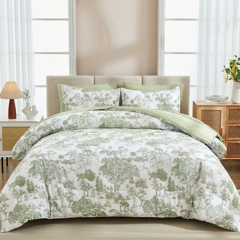 DJY Comforter Set Queen Size, Sage Green 7 Pieces Bed in a Bag Queen Botanical Comforters with Sheets Elegant Plants Print Soft Microfiber Reversible Complete Bedding Sets for All Season - Image 1