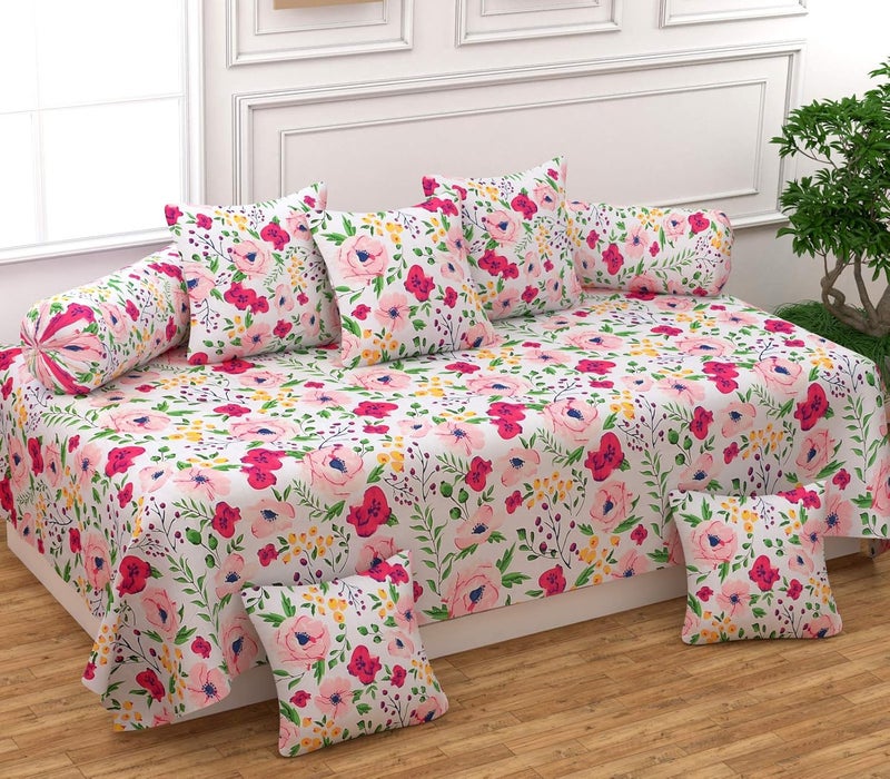 Castiqa Microfiber Floral Patterns Diwan Set Bedsheet Covers , 2 Bolsters and 5 Cushion Covers (White, Standard) -8 Pcs Set - Image 1