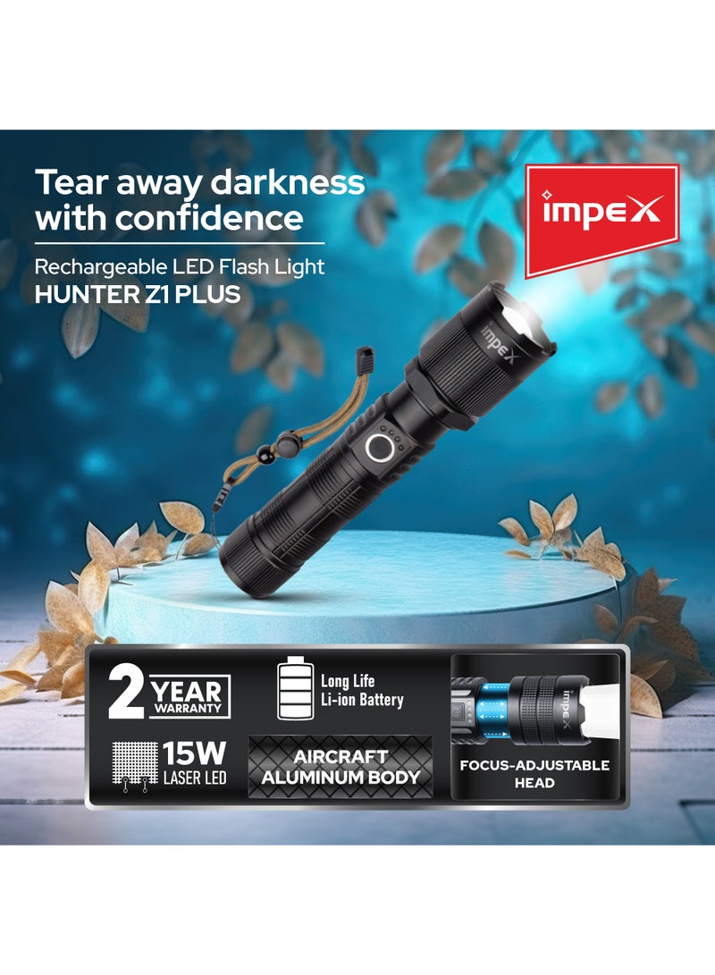 Impex Rechargeable Flashlight Hunter Z1 Plus | 15W Laser LED | Aircraft Non-Corrosive Aluminum Body | 2000mAh Li-ion Battery | 2 Modes (100% & 50%) | Focus Adjustable Head | Type C | 1000 Meters Range - Image 3
