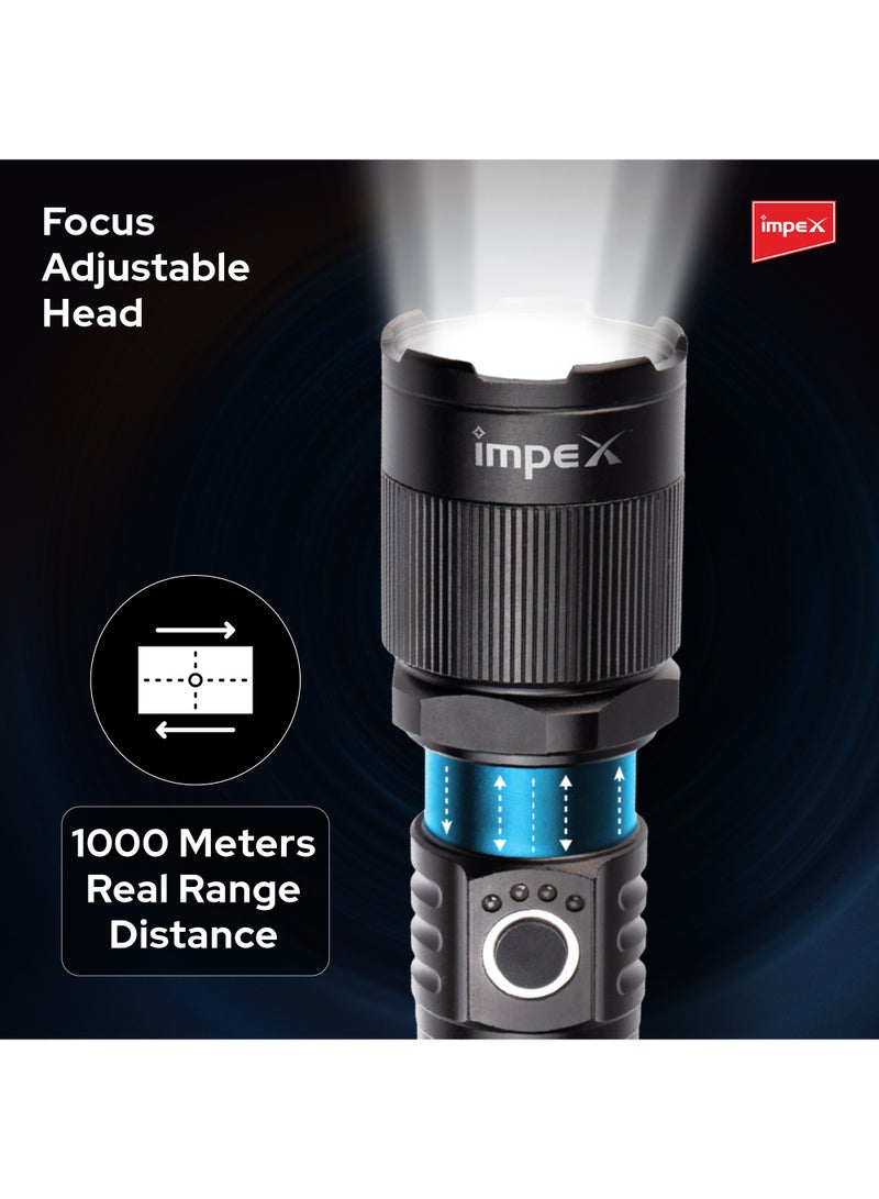 Impex Rechargeable Flashlight Hunter Z1 Plus | 15W Laser LED | Aircraft Non-Corrosive Aluminum Body | 2000mAh Li-ion Battery | 2 Modes (100% & 50%) | Focus Adjustable Head | Type C | 1000 Meters Range - Image 5