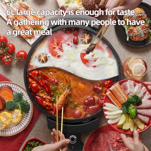 aoran kitchen AORAN 6L Electric Hot Pot, Non-Stick Smokeless Cooking Pot with Divider for Hot Pot, Fondue, Shabu Shabu, Multi-Function, Includes Ladle, Tongs, Oil Brush, Food Tongs, Easy to Clean Black - Image 2
