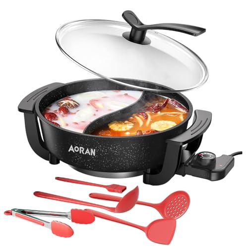 aoran kitchen AORAN 6L Electric Hot Pot, Non-Stick Smokeless Cooking Pot with Divider for Hot Pot, Fondue, Shabu Shabu, Multi-Function, Includes Ladle, Tongs, Oil Brush, Food Tongs, Easy to Clean Black - Image 1