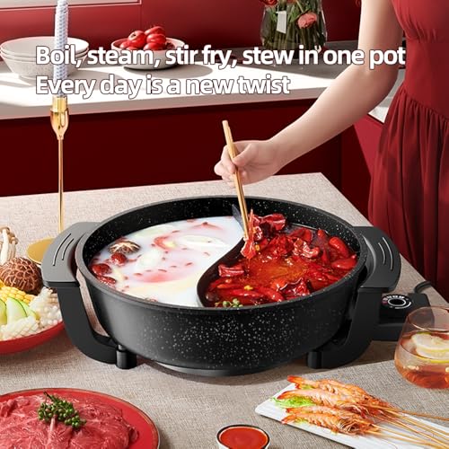 aoran kitchen AORAN 6L Electric Hot Pot, Non-Stick Smokeless Cooking Pot with Divider for Hot Pot, Fondue, Shabu Shabu, Multi-Function, Includes Ladle, Tongs, Oil Brush, Food Tongs, Easy to Clean Black - Image 3