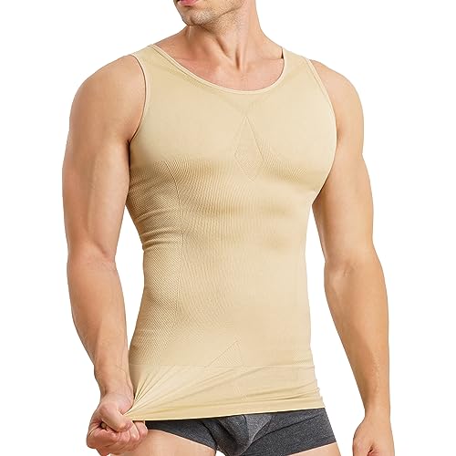 MOLUTAN Mens Compression Shirt Slimming Body Shaper Vest Sleeveless Waist Trainer Workout Tank Top Tummy Control Shapewear (Beige, X-Large-XX-Large) - Image 1