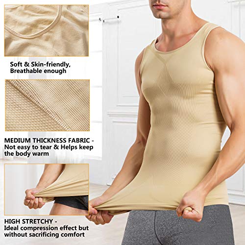 MOLUTAN Mens Compression Shirt Slimming Body Shaper Vest Sleeveless Waist Trainer Workout Tank Top Tummy Control Shapewear (Beige, X-Large-XX-Large) - Image 2