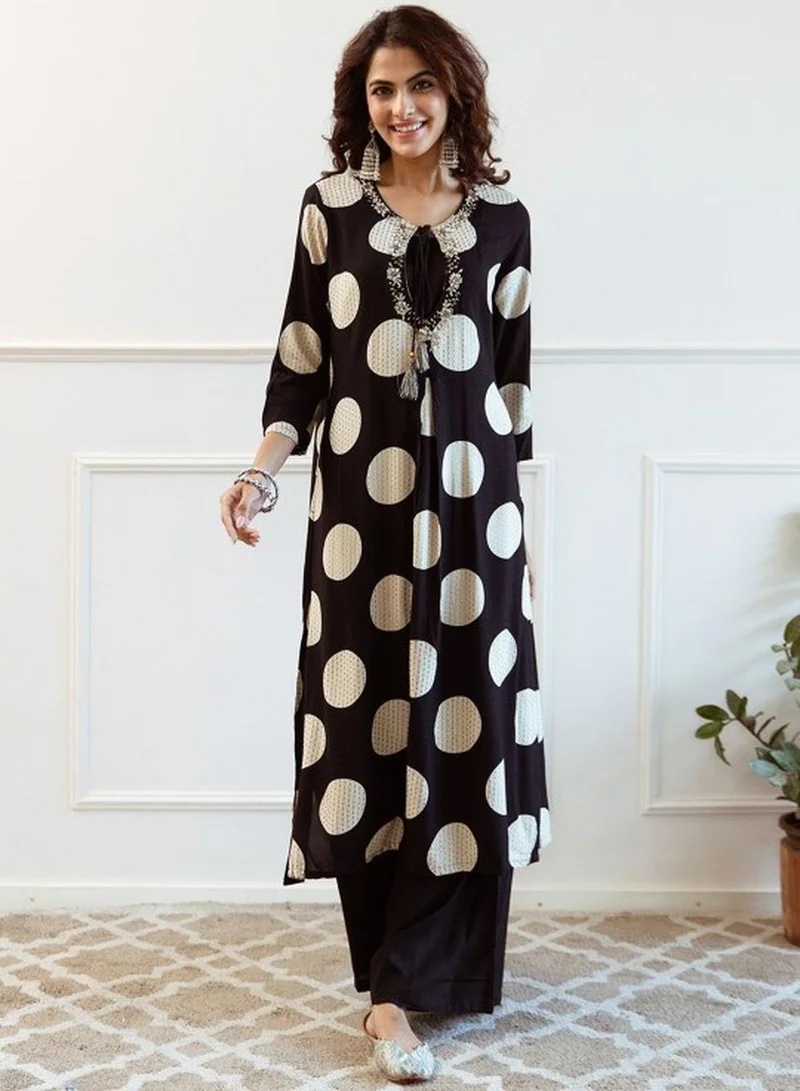 ISHIN Women's Black Rayon Self Designed Tunic Upper Full Length Palazzo Bottom Regular Fit 2 Piece Kurta Set