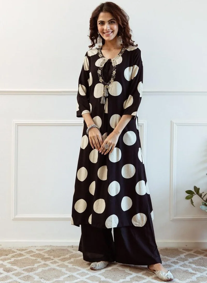 ISHIN Women's Black Rayon Self Designed Tunic Upper Full Length Palazzo Bottom Regular Fit 2 Piece Kurta Set