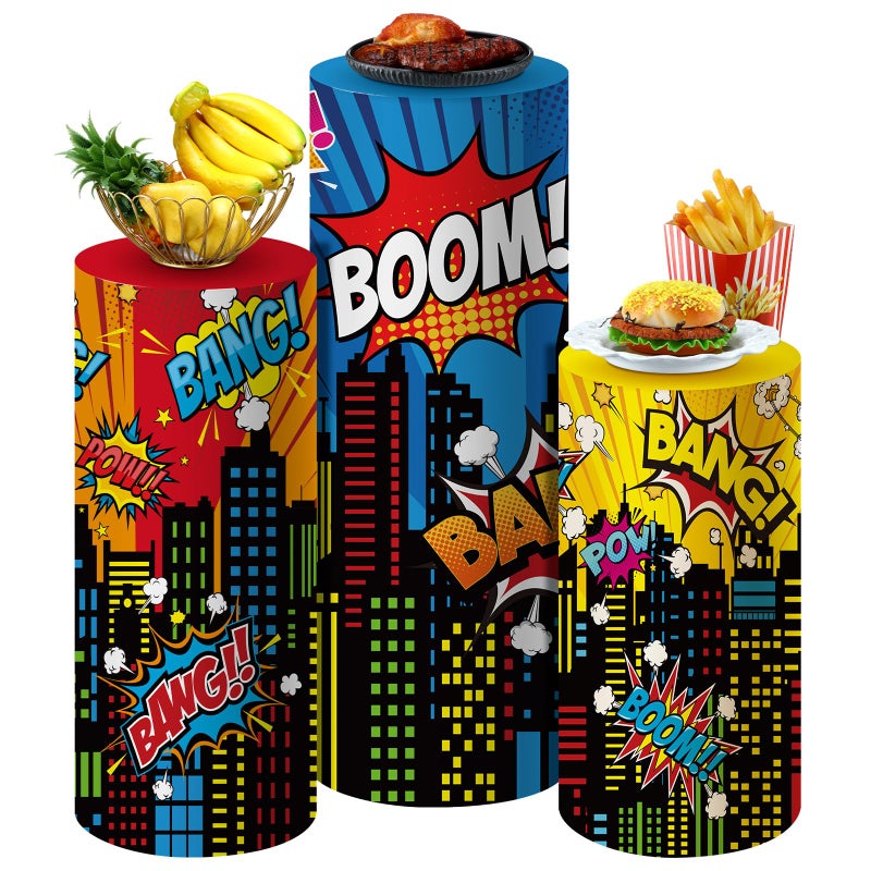 SmoothNovelty 3 Pcs City Theme Hero Party Supplies Hero Cylinder Pedestal Stand Covers Spandex Plinth City Covers Cityscape Buildings Decor for Birthday Party Shower Props Decor - Image 1