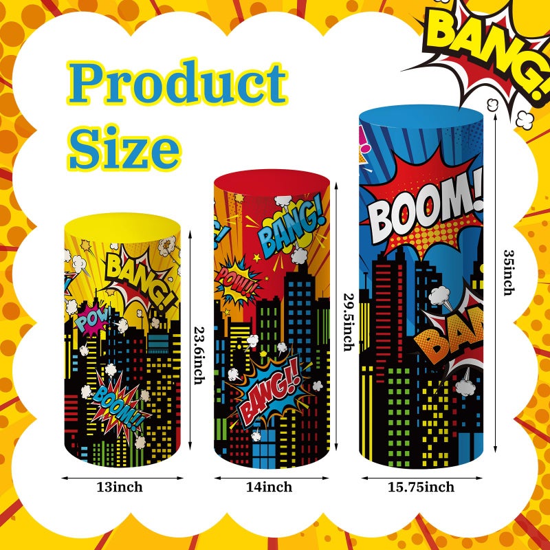 SmoothNovelty 3 Pcs City Theme Hero Party Supplies Hero Cylinder Pedestal Stand Covers Spandex Plinth City Covers Cityscape Buildings Decor for Birthday Party Shower Props Decor - Image 3